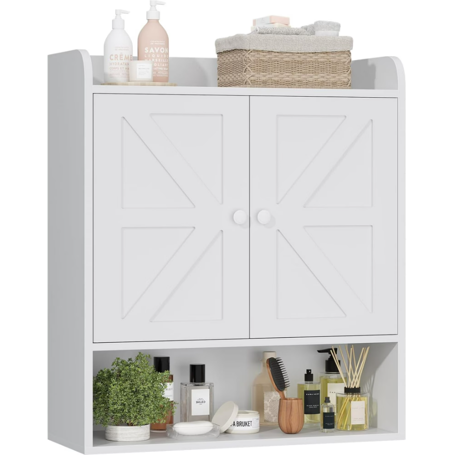 POAO Bathroom Wall Storage Cabinet, Wooden Medicine Cabinet with Adjustable Shelves and Double Barn Doors, Over The Toilet Storage Cabinet,White