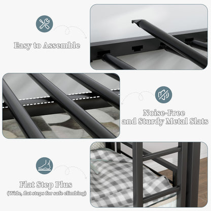 POAO Bunk Bed Twin Over Twin, Heavy Duty Metal Bunkbeds with High Guardraill, Convertible into 2 Individual Beds, Storage Bag & Desk Board, Under-Bed Storage Space, Noise Free, Black