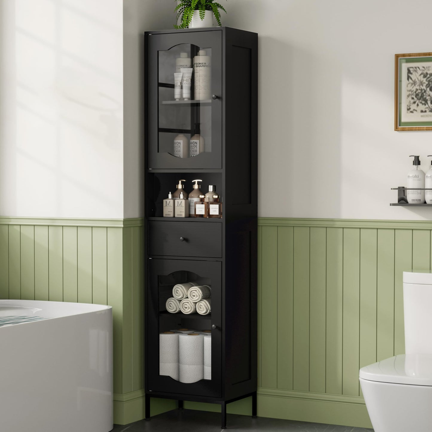 Amlancher 66.4in Tall Narrow Bathroom Storage Cabinet, Linen Tower with Door and Drawers for Small Spaces
