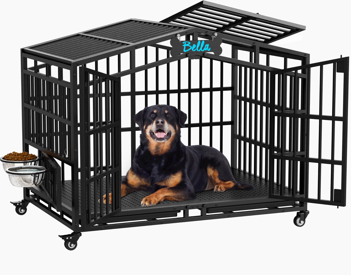 POAO 41"Heavy Duty Indestructible Dog Crate, Escape Proof Kennel for High Anxiety Large Dog, Extra Large Steel Dog Cage with Wheels