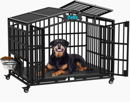 POAO 41"Heavy Duty Indestructible Dog Crate, Escape Proof Kennel for High Anxiety Large Dog, Extra Large Steel Dog Cage with Wheels