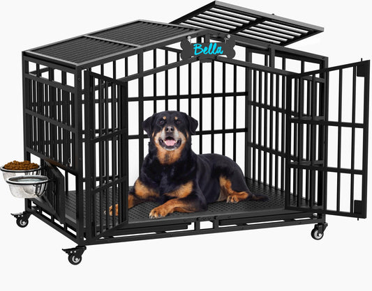 POAO 41"Heavy Duty Indestructible Dog Crate, Escape Proof Kennel for High Anxiety Large Dog, Extra Large Steel Dog Cage with Wheels