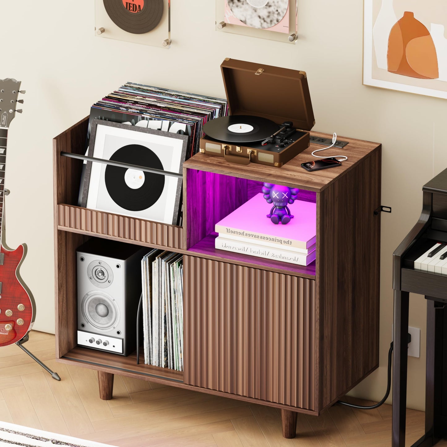 POAO 55" Record Player Stand with Power Outlets & LED Lights, Record Player Table Cabinet with Vinyl Record Storage for 500 Albums, Turntable Stand
