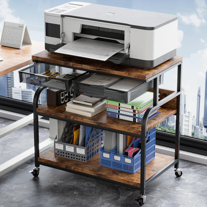POAO 32.3"x18.9" Extra Large Printer Stand with Double Drawers, 4-Adjustable Heights 3 Tier Table with Wheels, Rolling Printer Cart with Storage for Printer Scanner Fax Home Office Use