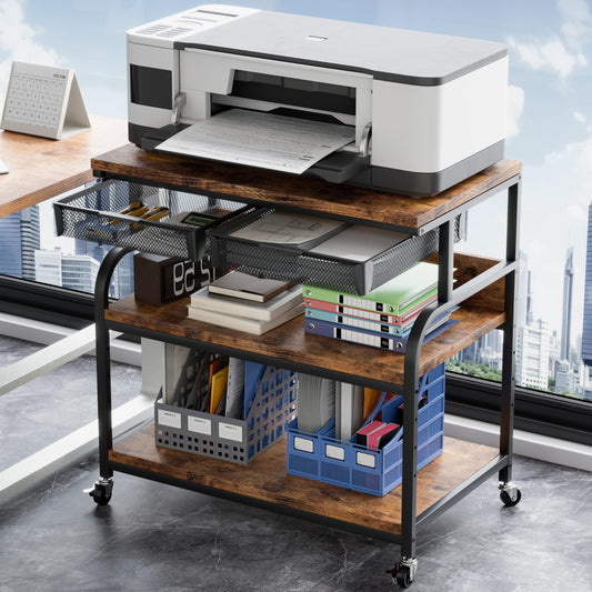 POAO 32.3"x18.9" Extra Large Printer Stand with Double Drawers, 4-Adjustable Heights 3 Tier Table with Wheels, Rolling Printer Cart with Storage for Printer Scanner Fax Home Office Use