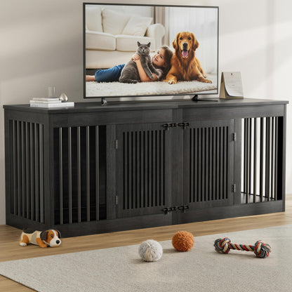 POAO 72" Double Dog Crate Furniture, Heavy Duty Dog Kennel for 2 Large Dogs, Wooden Dog Cage w Removable Divider, Decorative Dog House as TV Stand, Dark Grey