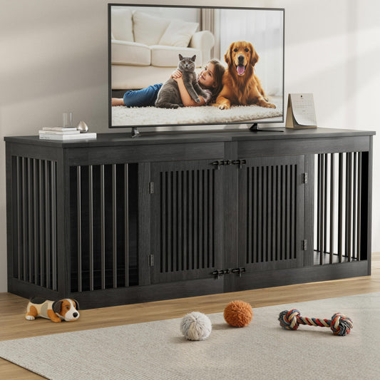 POAO 72" Double Dog Crate Furniture, Heavy Duty Dog Kennel for 2 Large Dogs, Wooden Dog Cage w Removable Divider, Decorative Dog House as TV Stand, Dark Grey