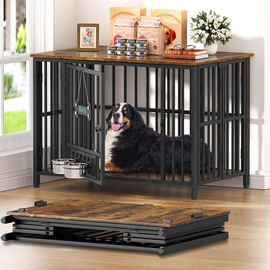 POAO Dog Crate Furniture Foldable, No Assembly Decorative Dog Kennel Indoor, Dog Crates for Large Dogs(40-65 lb), Wooden Dog Cage with Adjustable Bowls and Name Tag, End Table