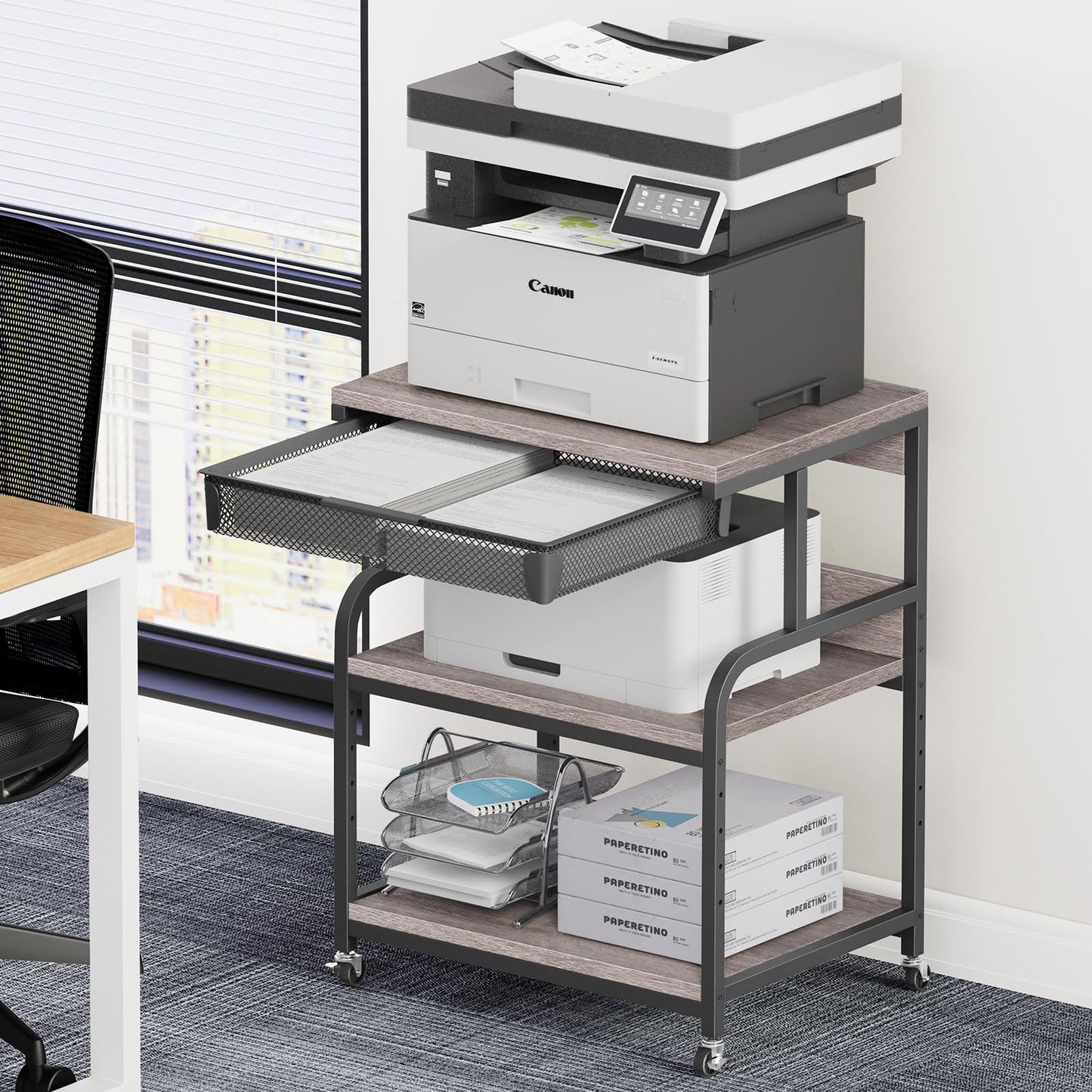 POAO Extra Large Printer Stand with Drawer, 5-Adjustable Heights 3 Tier Printer Table with Wheels, Rolling Printer Cart with Storage Shelf