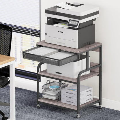 POAO Extra Large Printer Stand with Drawer, 5-Adjustable Heights 3 Tier Printer Table with Wheels, Rolling Printer Cart with Storage Shelf