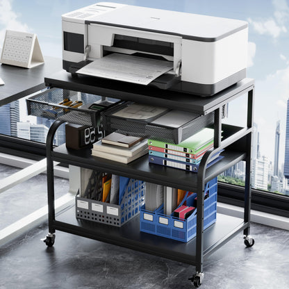 POAO 32.3"x18.9" Extra Large Printer Stand with Double Drawers, 4-Adjustable Heights 3 Tier Table with Wheels, Rolling Printer Cart with Storage for Printer Scanner Fax Home Office Use