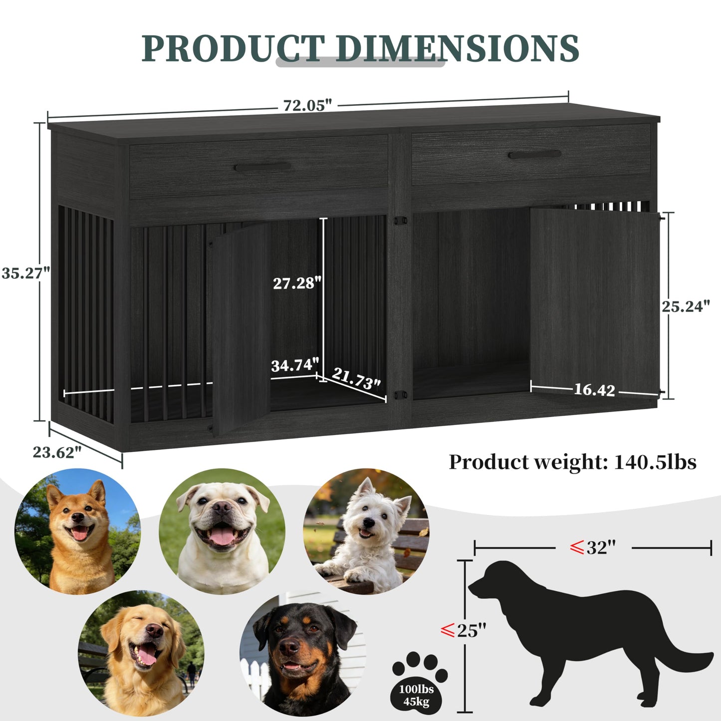 POAO 72" Double Dog Crate Furniture, Heavy Duty Dog Kennel for 2 Large Dogs, Wooden Dog Cage w Two Big Drawers&Removable Divider, Decorative Dog House as TV Stand, Dark Grey