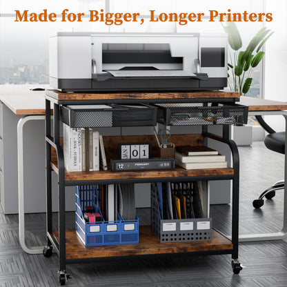 POAO 32.3"x18.9" Extra Large Printer Stand with Double Drawers, 4-Adjustable Heights 3 Tier Table with Wheels, Rolling Printer Cart with Storage for Printer Scanner Fax Home Office Use