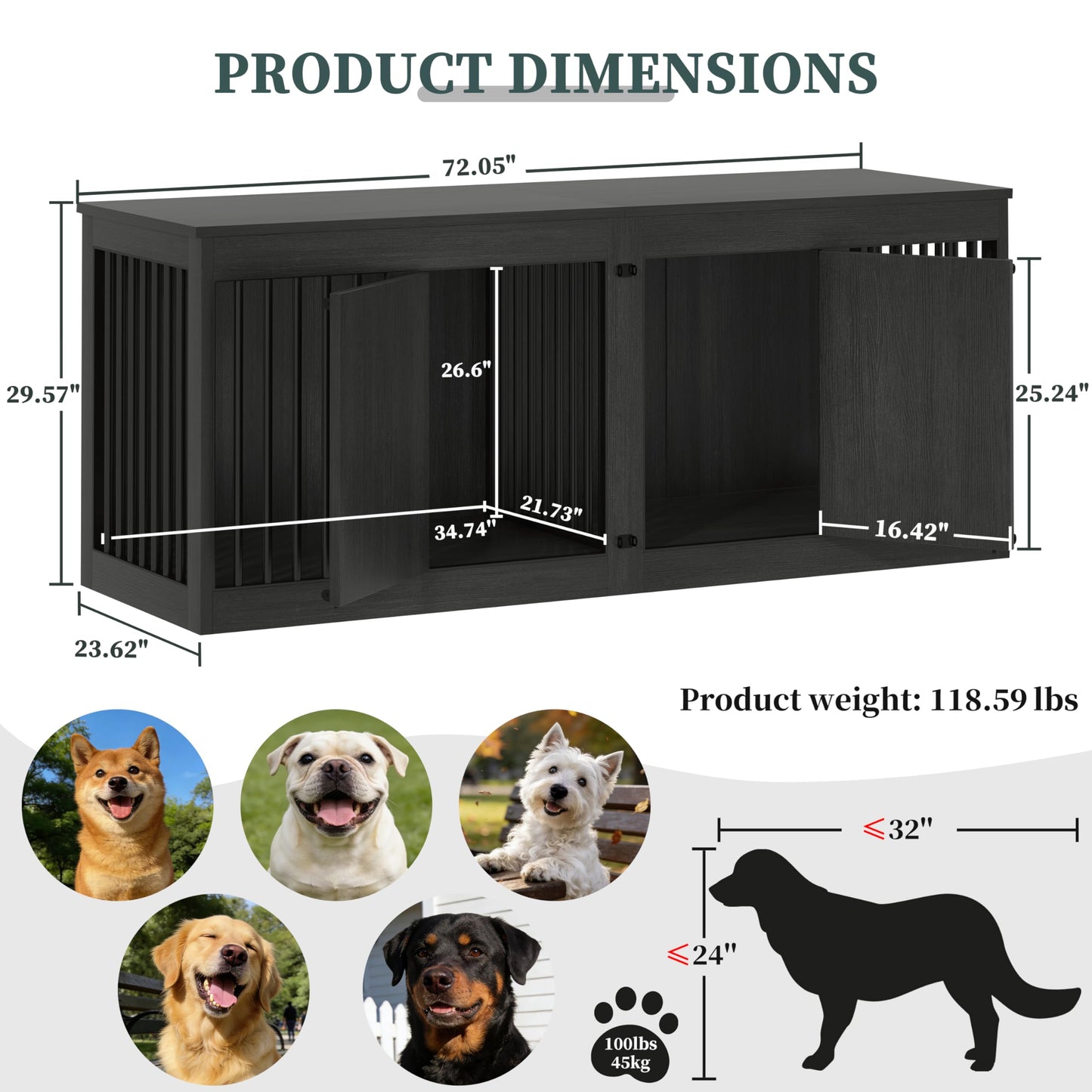 POAO 72" Double Dog Crate Furniture, Heavy Duty Dog Kennel for 2 Large Dogs, Wooden Dog Cage w Removable Divider, Decorative Dog House as TV Stand, Dark Grey