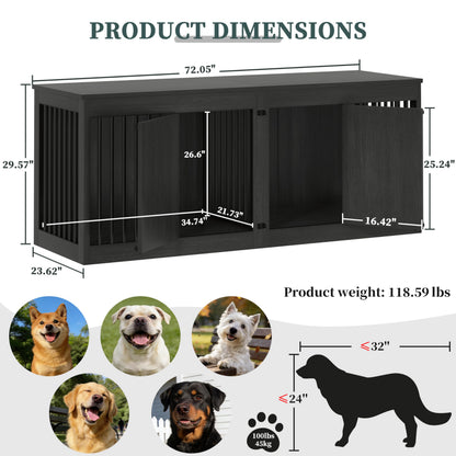 POAO 72" Double Dog Crate Furniture, Heavy Duty Dog Kennel for 2 Large Dogs, Wooden Dog Cage w Removable Divider, Decorative Dog House as TV Stand, Dark Grey