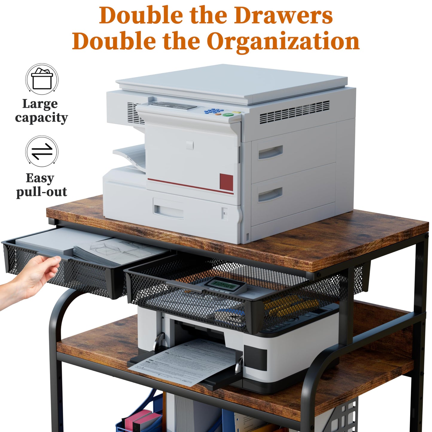POAO 32.3"x18.9" Extra Large Printer Stand with Double Drawers, 4-Adjustable Heights 3 Tier Table with Wheels, Rolling Printer Cart with Storage for Printer Scanner Fax Home Office Use
