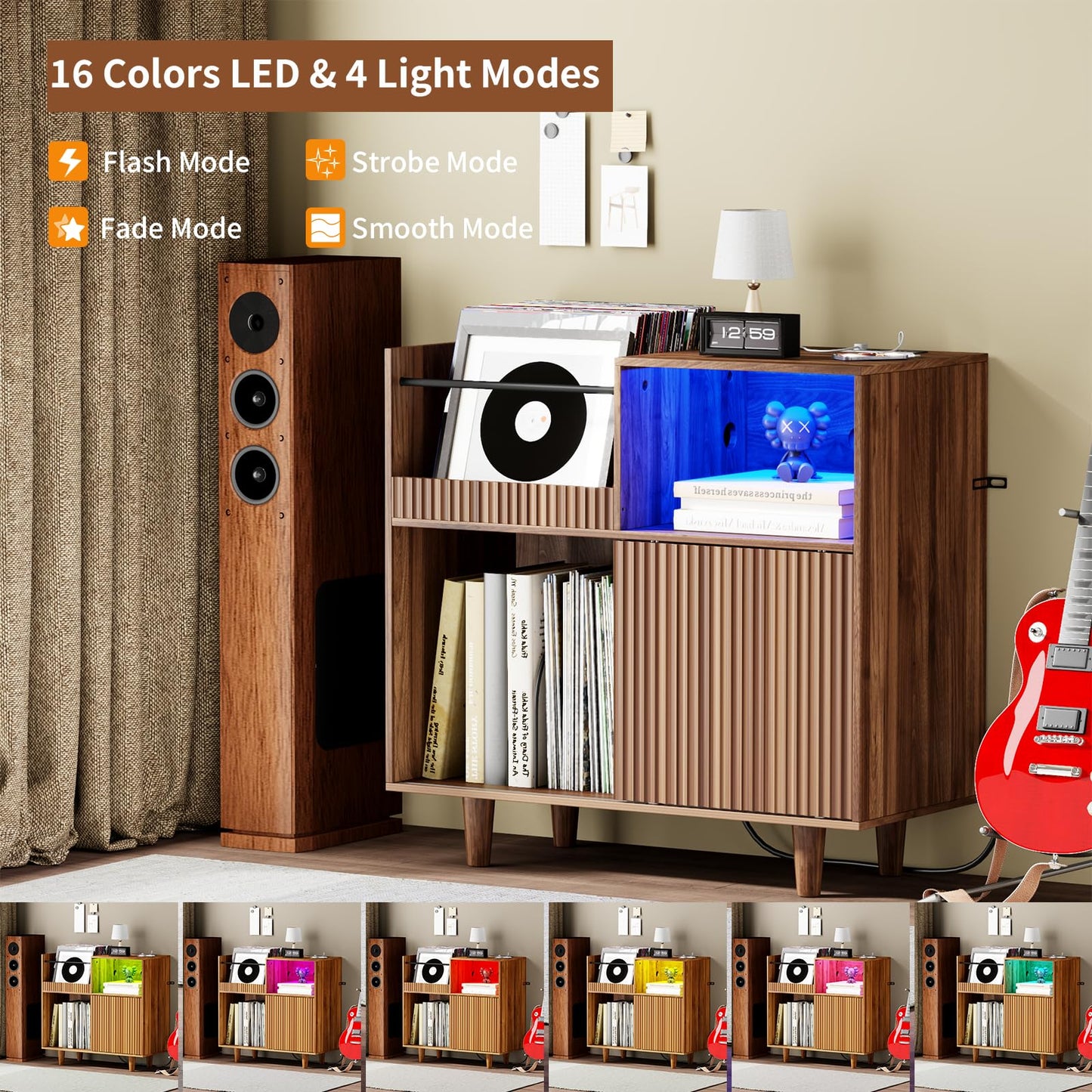 POAO 55" Record Player Stand with Power Outlets & LED Lights, Record Player Table Cabinet with Vinyl Record Storage for 500 Albums, Turntable Stand