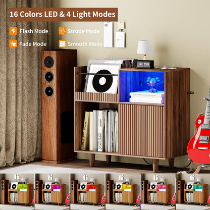 POAO 55" Record Player Stand with Power Outlets & LED Lights, Record Player Table Cabinet with Vinyl Record Storage for 500 Albums, Turntable Stand