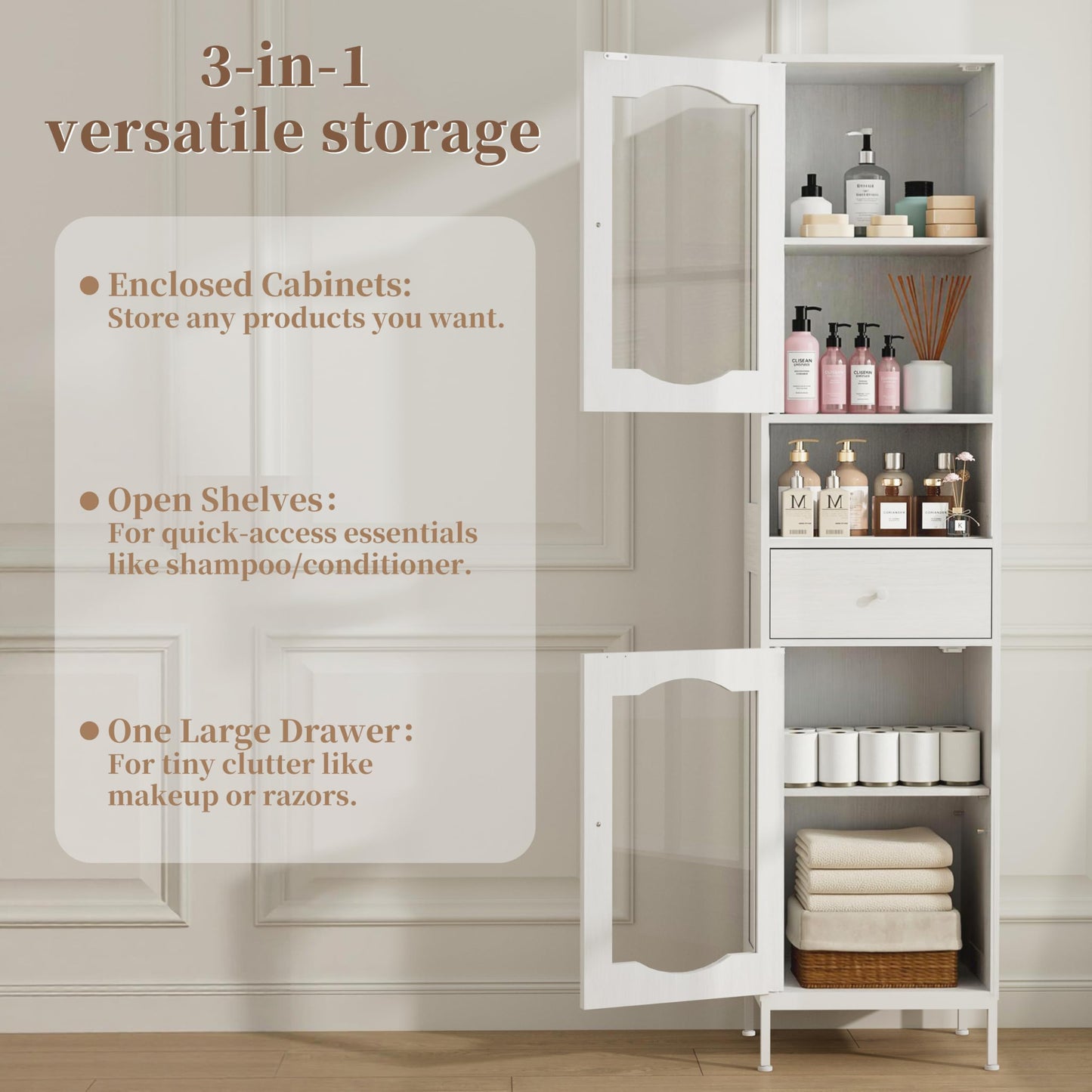 Amlancher 66.4in Tall Narrow Bathroom Storage Cabinet, Linen Tower with Door and Drawers for Small Spaces