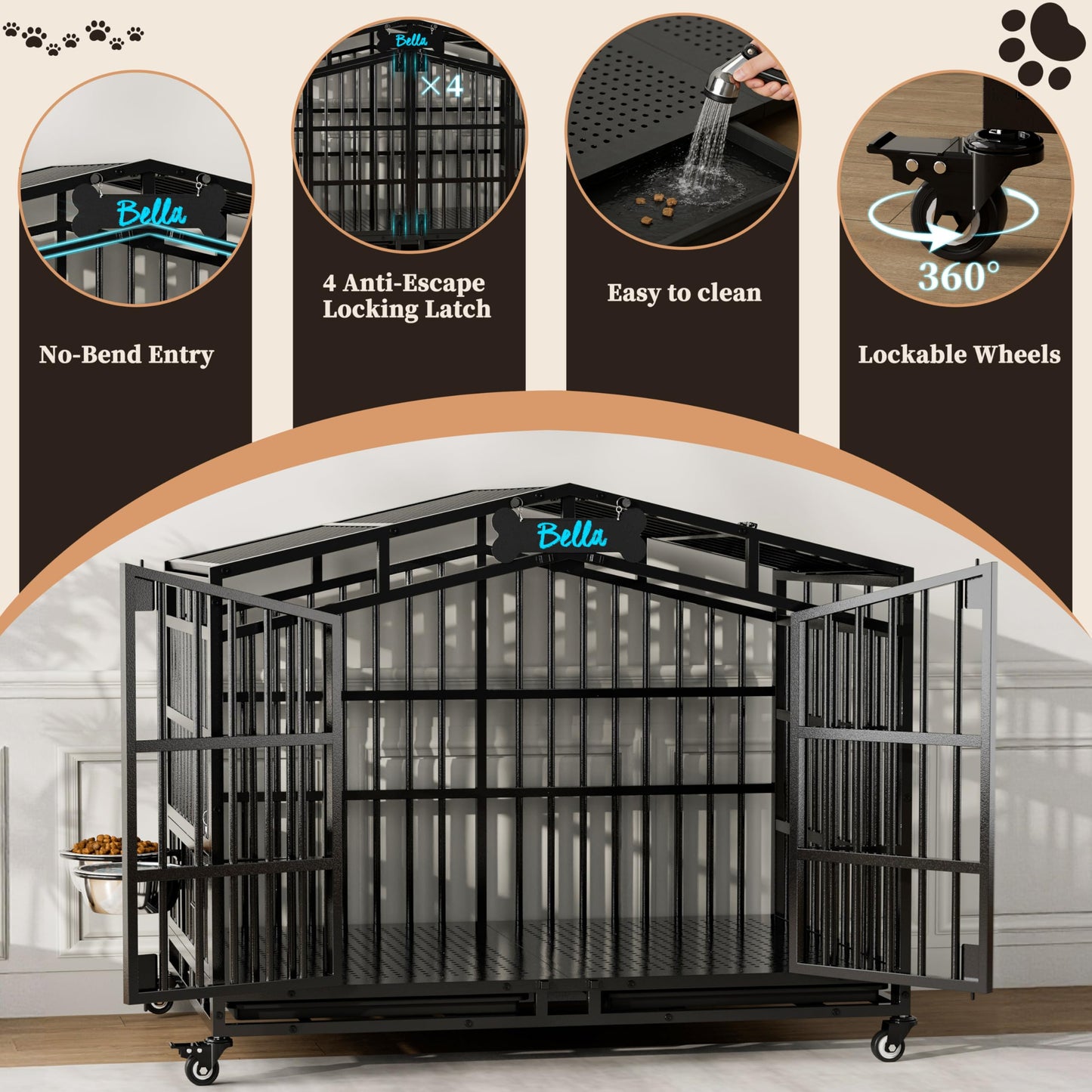 POAO 41"Heavy Duty Indestructible Dog Crate, Escape Proof Kennel for High Anxiety Large Dog, Extra Large Steel Dog Cage with Wheels