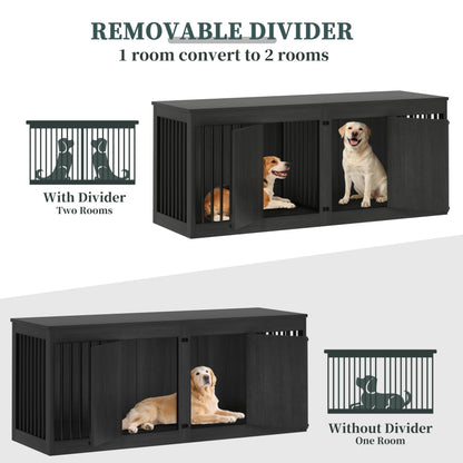 POAO 72" Double Dog Crate Furniture, Heavy Duty Dog Kennel for 2 Large Dogs, Wooden Dog Cage w Removable Divider, Decorative Dog House as TV Stand, Dark Grey