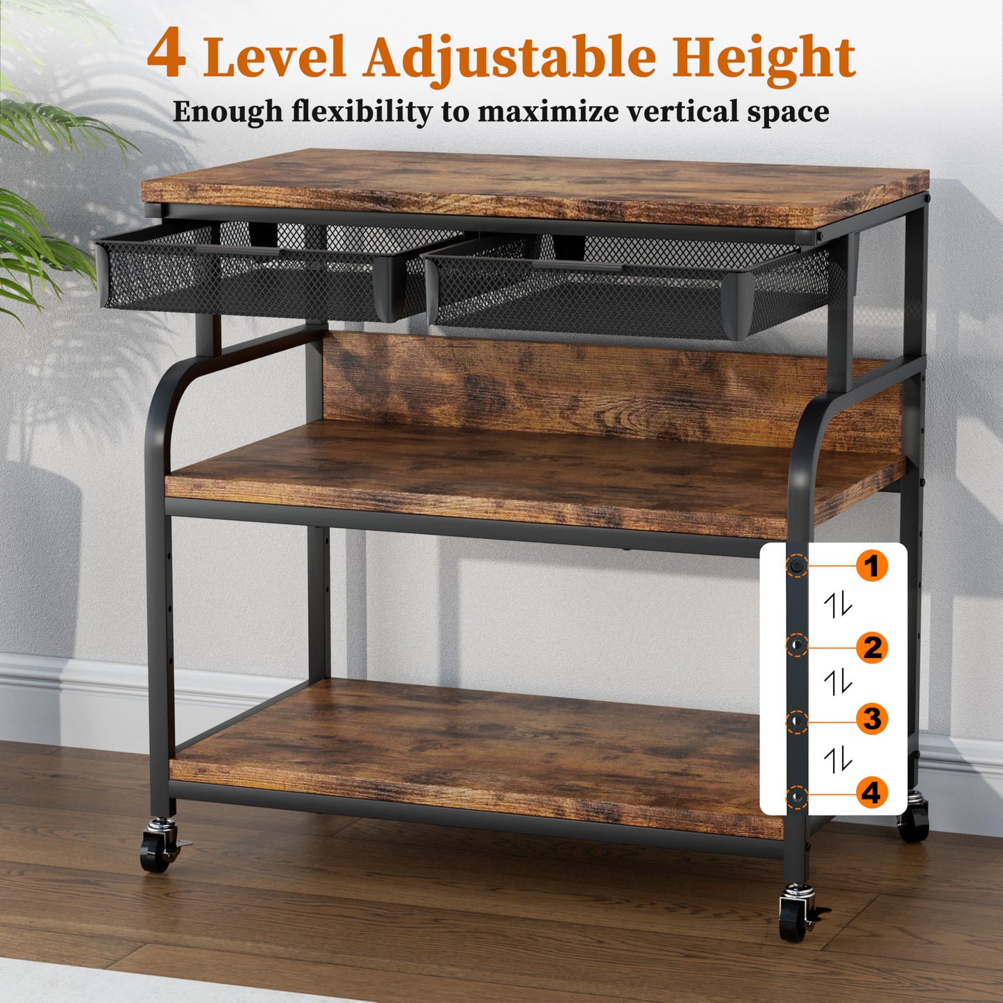 POAO 32.3"x18.9" Extra Large Printer Stand with Double Drawers, 4-Adjustable Heights 3 Tier Table with Wheels, Rolling Printer Cart with Storage for Printer Scanner Fax Home Office Use