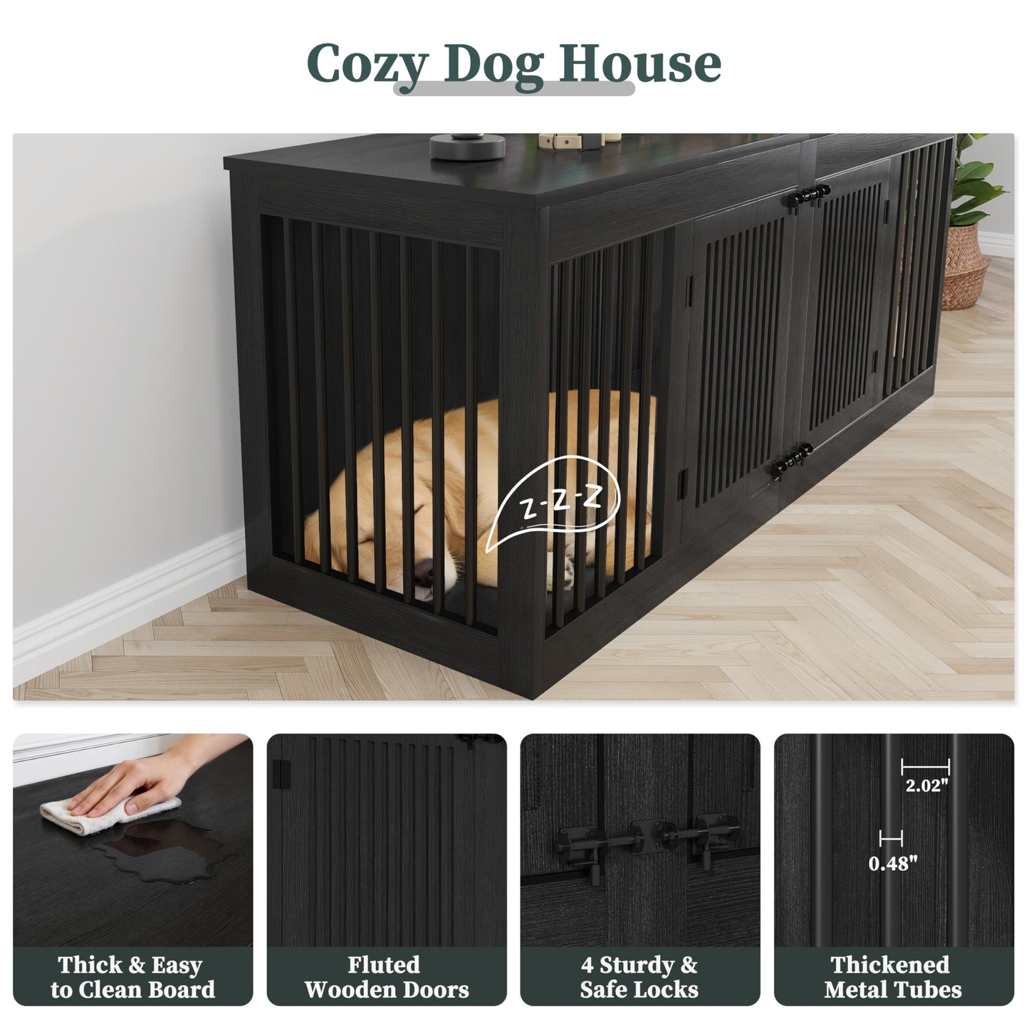 POAO 72" Double Dog Crate Furniture, Heavy Duty Dog Kennel for 2 Large Dogs, Wooden Dog Cage w Removable Divider, Decorative Dog House as TV Stand, Dark Grey