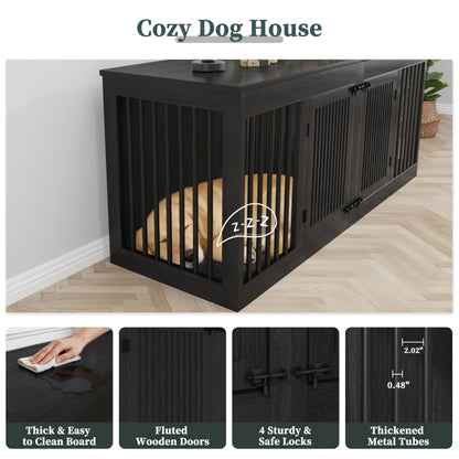 POAO 72" Double Dog Crate Furniture, Heavy Duty Dog Kennel for 2 Large Dogs, Wooden Dog Cage w Removable Divider, Decorative Dog House as TV Stand, Dark Grey