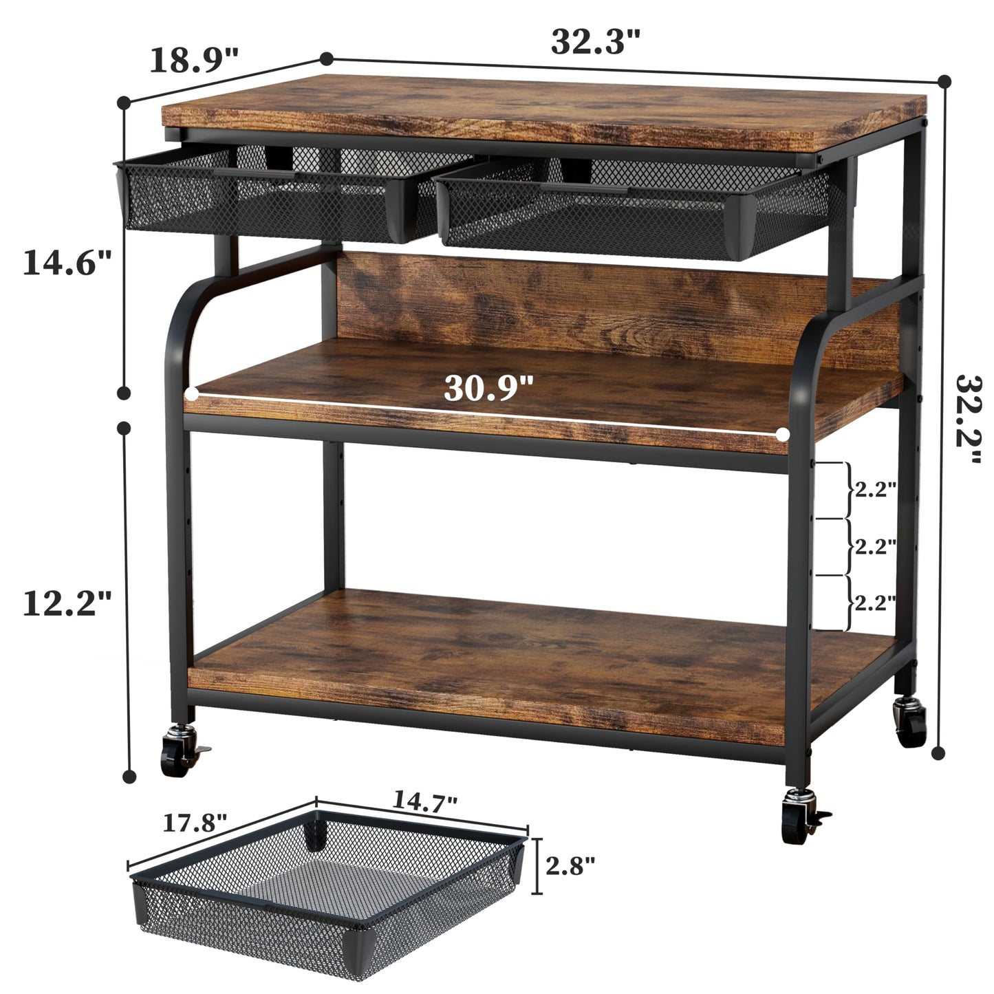 POAO 32.3"x18.9" Extra Large Printer Stand with Double Drawers, 4-Adjustable Heights 3 Tier Table with Wheels, Rolling Printer Cart with Storage for Printer Scanner Fax Home Office Use