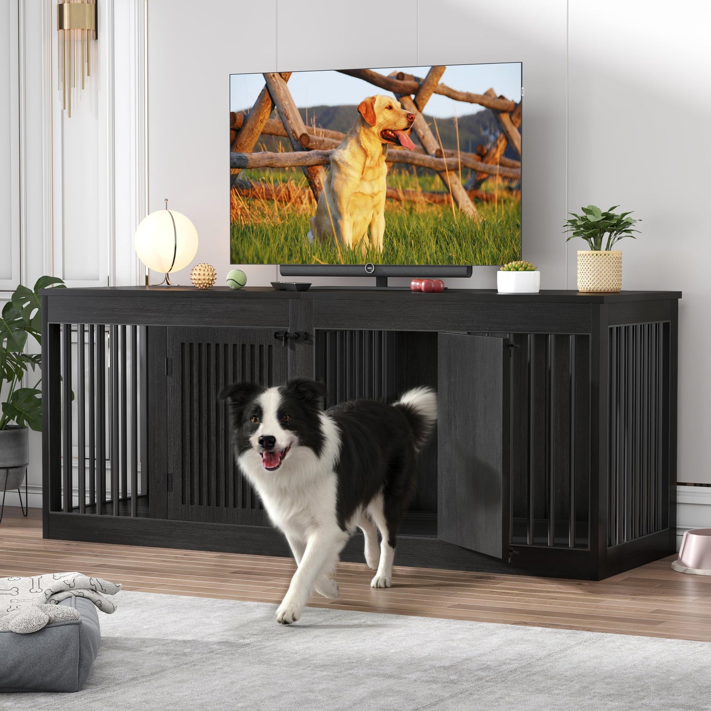 POAO 72" Double Dog Crate Furniture, Heavy Duty Dog Kennel for 2 Large Dogs, Wooden Dog Cage w Removable Divider, Decorative Dog House as TV Stand, Dark Grey