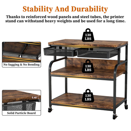 POAO 32.3"x18.9" Extra Large Printer Stand with Double Drawers, 4-Adjustable Heights 3 Tier Table with Wheels, Rolling Printer Cart with Storage for Printer Scanner Fax Home Office Use