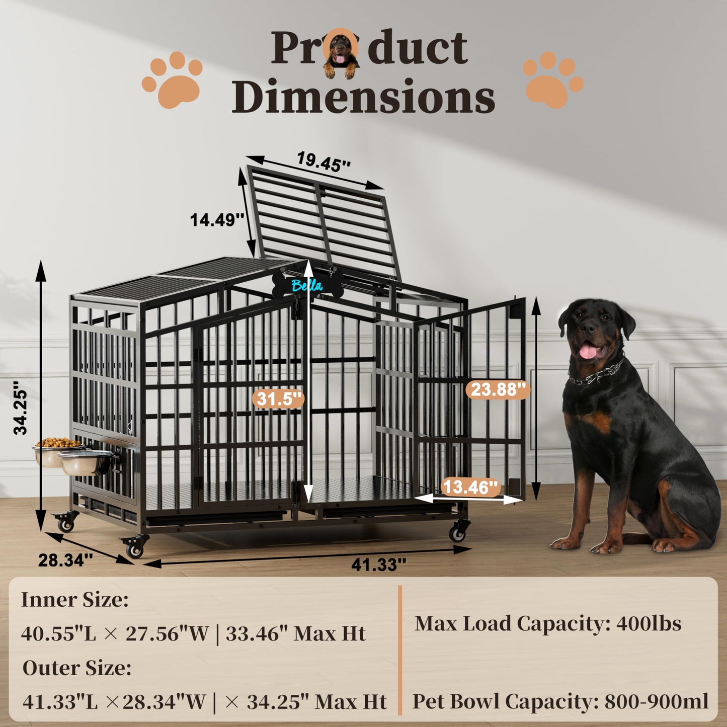POAO 41"Heavy Duty Indestructible Dog Crate, Escape Proof Kennel for High Anxiety Large Dog, Extra Large Steel Dog Cage with Wheels
