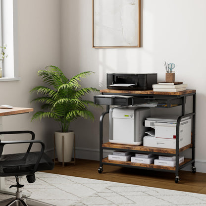 POAO 32.3"x18.9" Extra Large Printer Stand with Double Drawers, 4-Adjustable Heights 3 Tier Table with Wheels, Rolling Printer Cart with Storage for Printer Scanner Fax Home Office Use