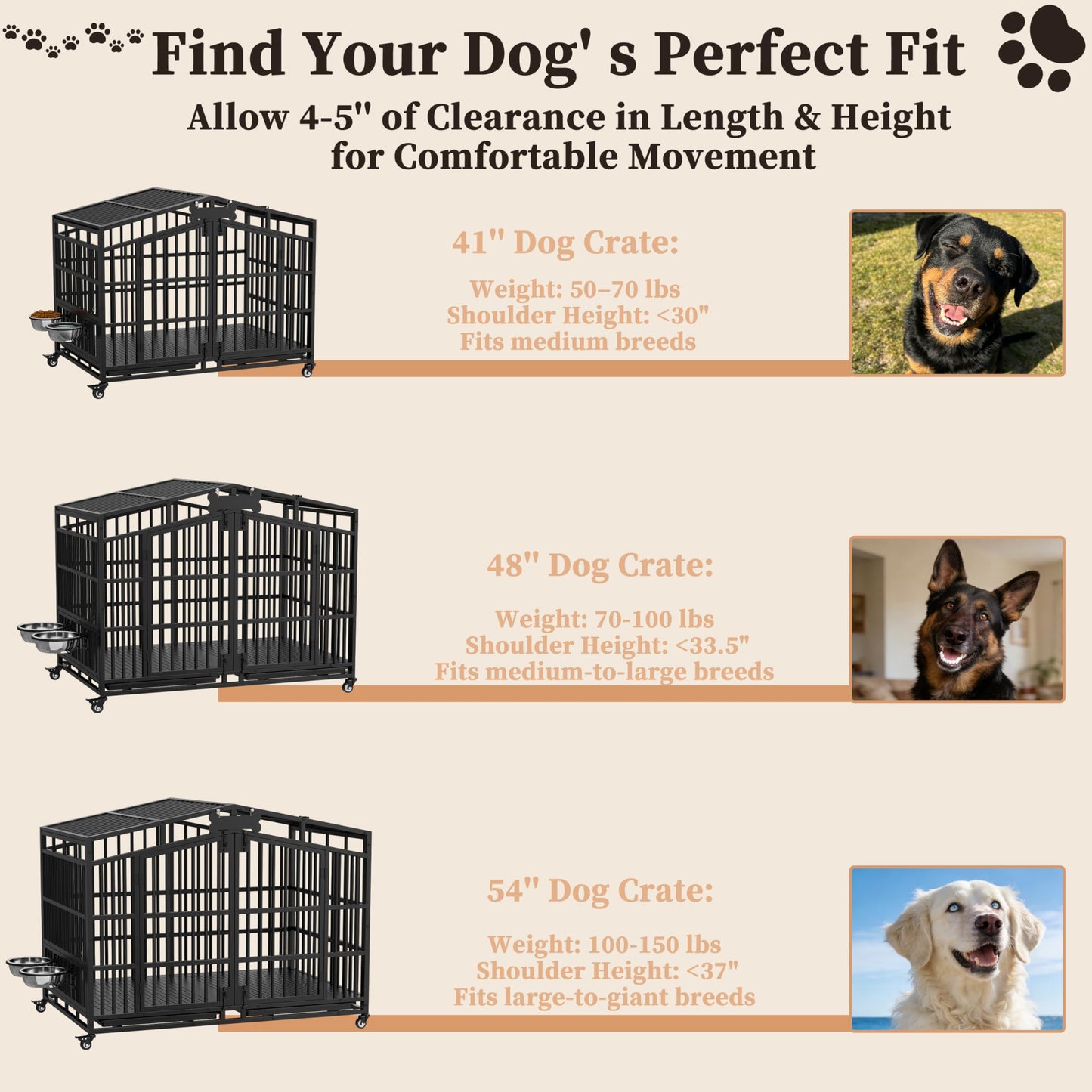 POAO 41"Heavy Duty Indestructible Dog Crate, Escape Proof Kennel for High Anxiety Large Dog, Extra Large Steel Dog Cage with Wheels