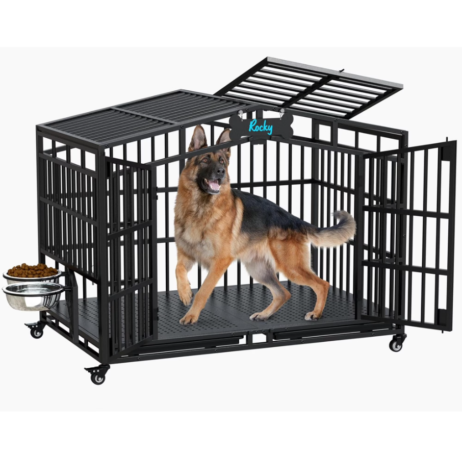 POAO 41"Heavy Duty Indestructible Dog Crate, Escape Proof Kennel for High Anxiety Large Dog, Extra Large Steel Dog Cage with Wheels