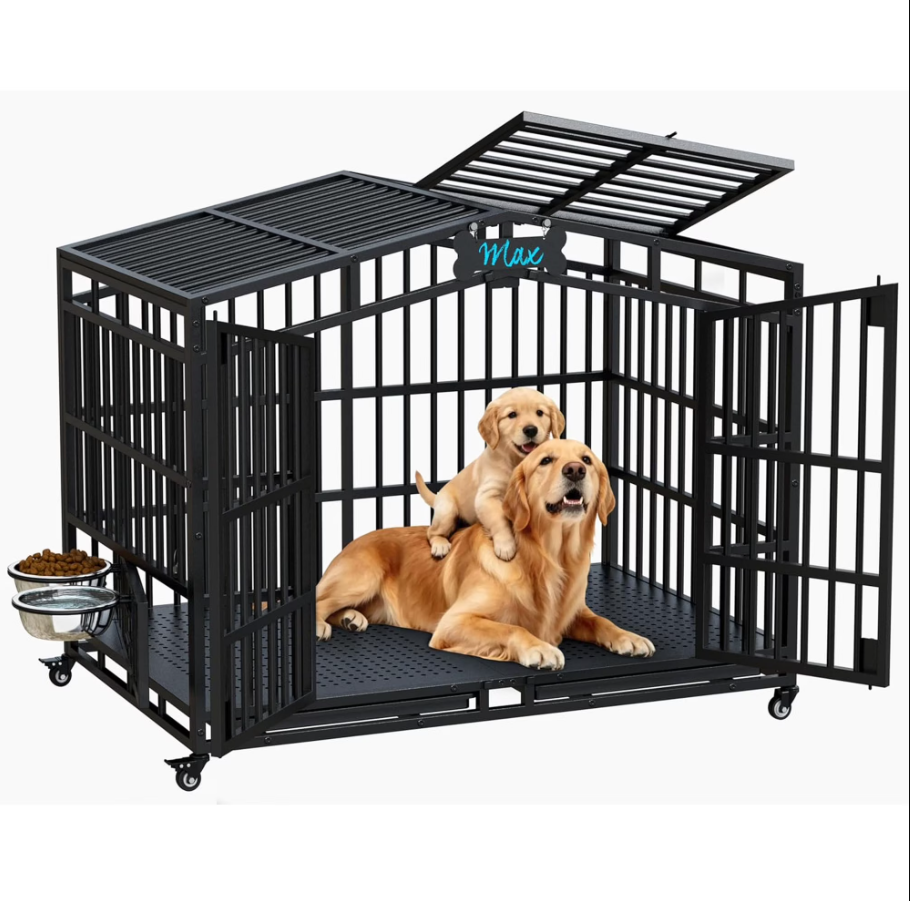 POAO 41"Heavy Duty Indestructible Dog Crate, Escape Proof Kennel for High Anxiety Large Dog, Extra Large Steel Dog Cage with Wheels