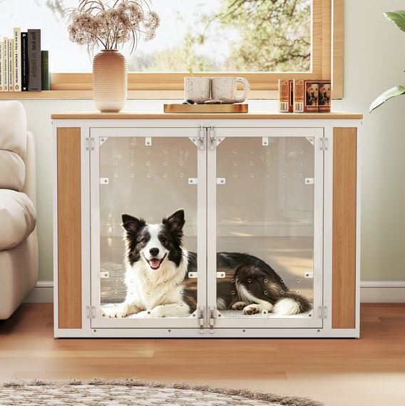 POAO 31.5''Dog Crate Furniture for Medium Large Dogs(20-40 lb), Decorative Dog Kennel with Acrylic Window Washable Mat, Escape-Proof Chew-Proof Anxiety Relief Dog Cage