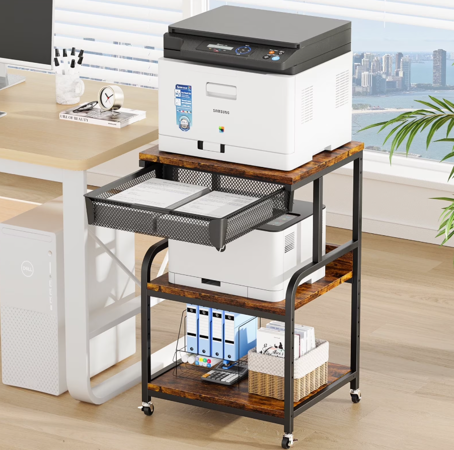 POAO Extra Large Printer Stand with Drawer, 5-Adjustable Heights 3 Tier Printer Table with Wheels, Rolling Printer Cart with Storage Shelf