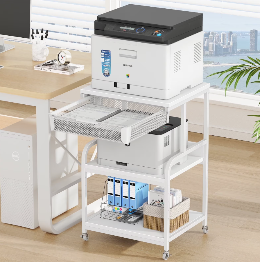 POAO Extra Large Printer Stand with Drawer, 5-Adjustable Heights 3 Tier Printer Table with Wheels, Rolling Printer Cart with Storage Shelf