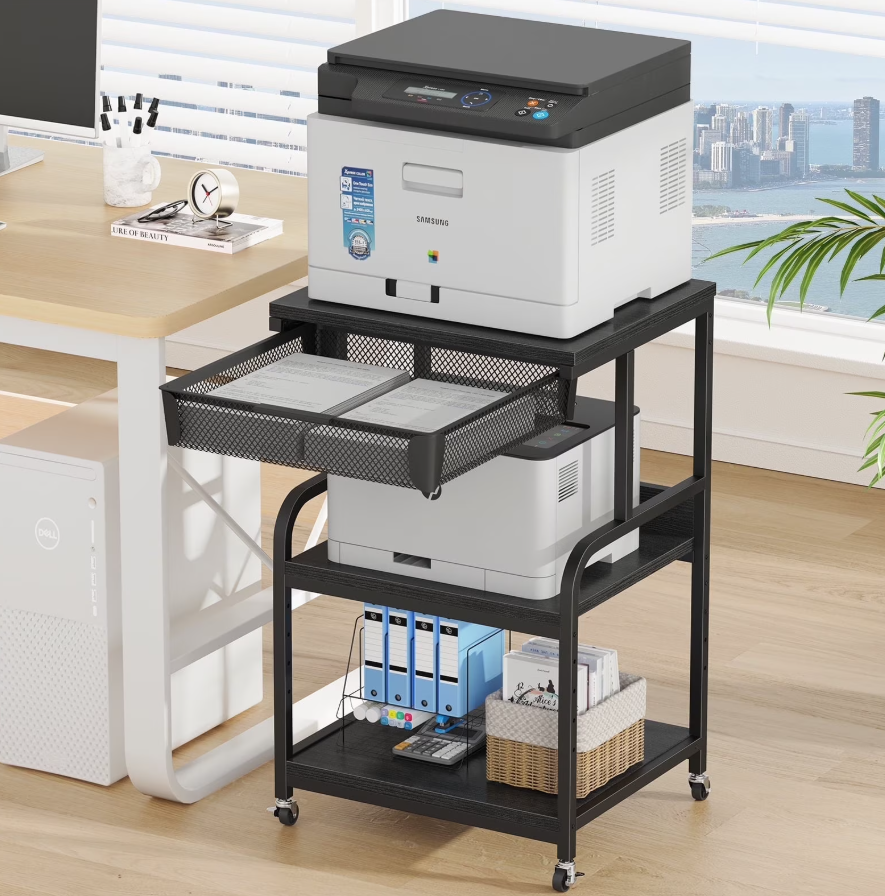POAO Extra Large Printer Stand with Drawer, 5-Adjustable Heights 3 Tier Printer Table with Wheels, Rolling Printer Cart with Storage Shelf
