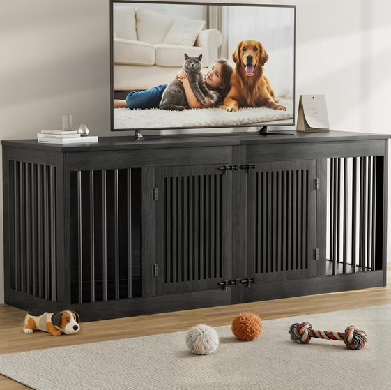 POAO 72" Double Dog Crate Furniture, Heavy Duty Dog Kennel for 2 Large Dogs, Wooden Dog Cage w Two Big Drawers&Removable Divider, Decorative Dog House as TV Stand, Dark Grey