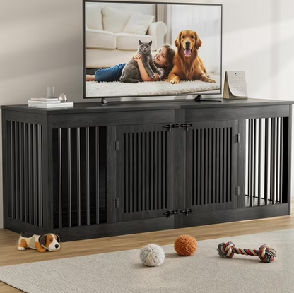 POAO 72" Double Dog Crate Furniture, Heavy Duty Dog Kennel for 2 Large Dogs, Wooden Dog Cage w Two Big Drawers&Removable Divider, Decorative Dog House as TV Stand, Dark Grey