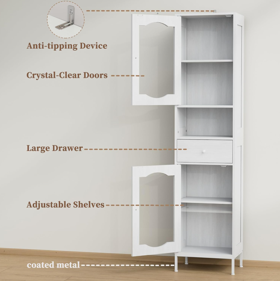 Amlancher 66.4in Tall Narrow Bathroom Storage Cabinet, Linen Tower with Door and Drawers for Small Spaces