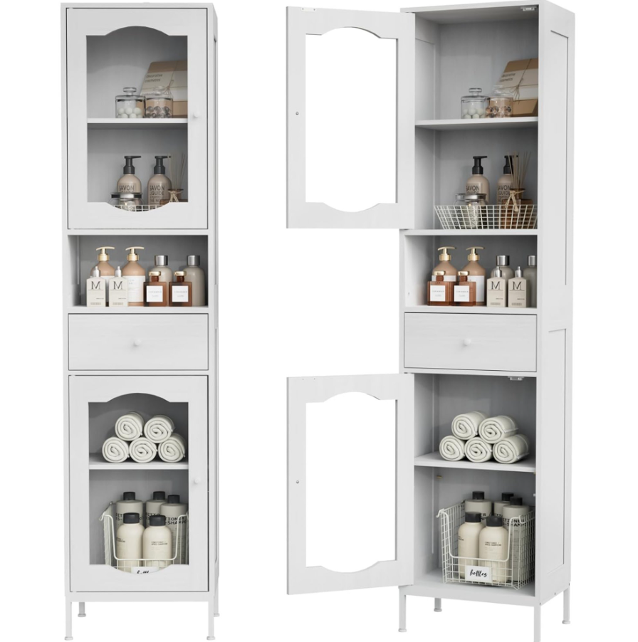 Amlancher 66.4in Tall Narrow Bathroom Storage Cabinet, Linen Tower with Door and Drawers for Small Spaces
